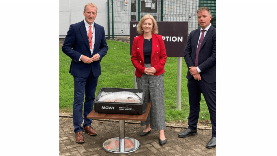 Liz Truss, who was then international trade secretary, pictured with Tavish Scott, left, and Mowi Scotland chief operating officer Ben Hadfield during a visit to Mowi's secondary processing facility in Rosyth, Fife, in September last year. Labour shortages in processing businesses are acute, Scott has said in letters to Truss and Rishi Sunak.