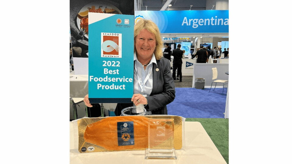 Bakkafrost Scotland's communications and business development director Su Cox with the best foodservice product award received for the company's Native Hebridean Smoked Scottish Salmon at Seafood Expo North America 2022.