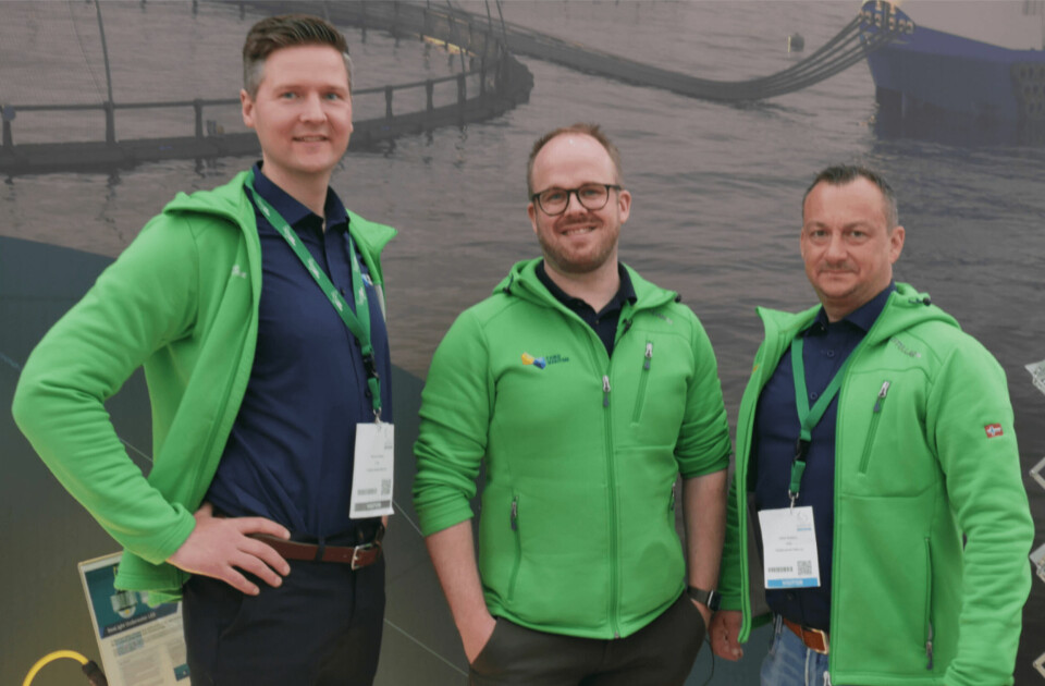 From left: Fjord Maritime chief commercial officer Oyvind Bakke, sales and marketing manager Torstein Nygaard and chief executive Vidar Rabben at the Gael Force stand at Aquaculture UK. Photo: FFE.