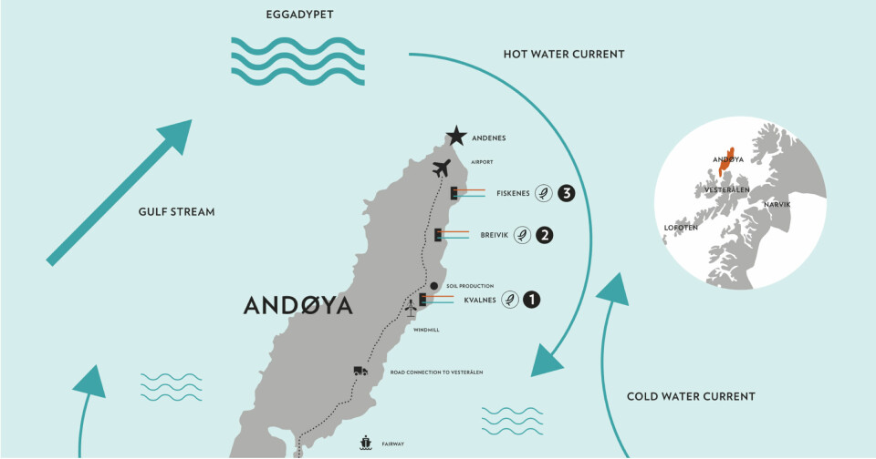 Andfjord plans three salmon farms with a total production of 70,000 tonnes. Click on image to enlarge. Map: Andfjord Salmon.