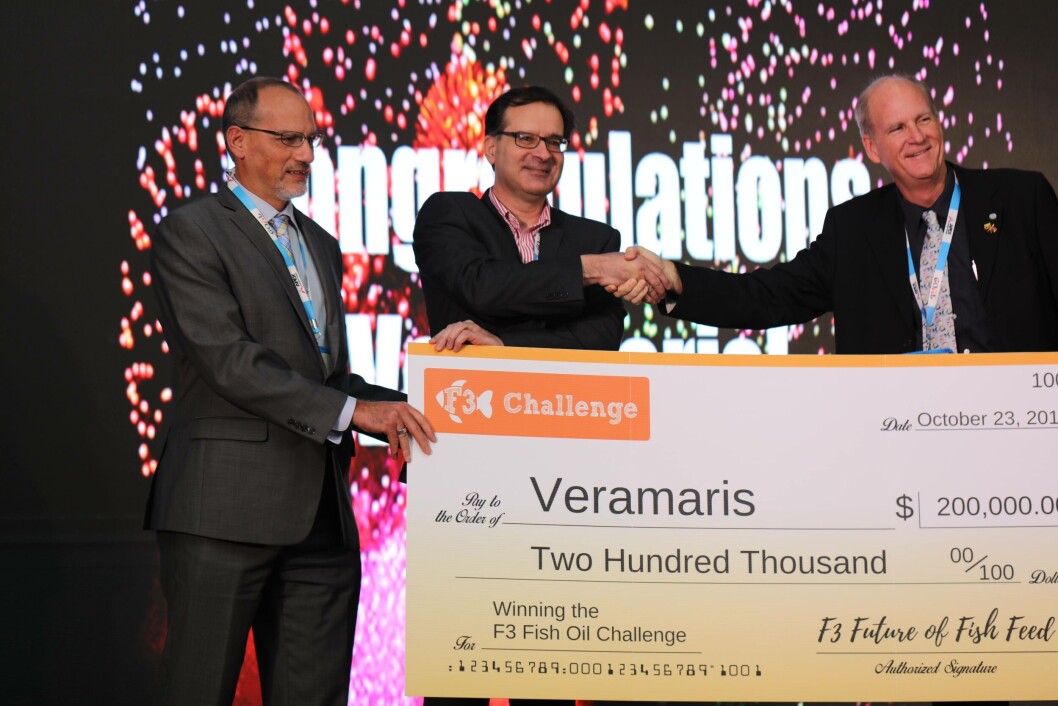 From left: Michael Tlusty, F3 judge and associate professor at the University of Massachusetts, Karim Kurmaly, CEO Veramaris, and Kevin Fitzsimmons, chair and judge of the F3 Fish Oil Challenge. Photo: Veramaris. From left: Michael Tlusty, F3 judge and associate professor at the University of Massachusetts, Karim Kurmaly, CEO Veramaris, and Kevin Fitzsimmons, chair and judge of the F3 Fish Oil Challenge. Photo: Veramaris.