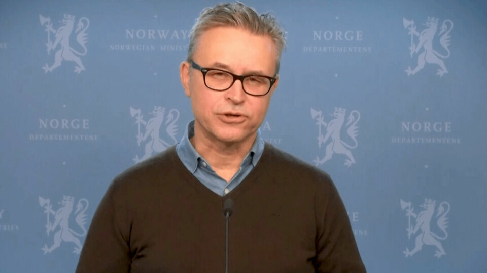 Fisheries minister Odd Emil Ingebrigtsen during the presentation of the Fish Health Report 2020. Screenshot from the broadcast.