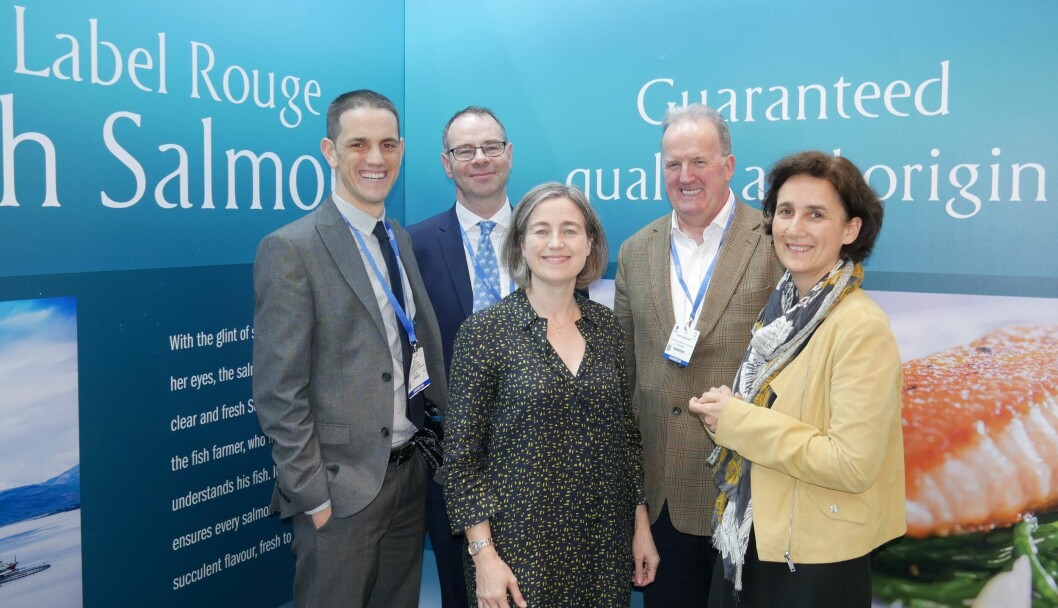 The Scottish Salmon Producers' Organisation's team at Seafood Expo Global 2019. From left: Nathan Tyler, head of digital and communications; Hamish Macdonell, director of strategic engagement; Julie Hesketh-Laird, chief executive; David Sandison, general manager; Veronique Ehanno, in charge of Label Rouge exports. Photo: FFE.