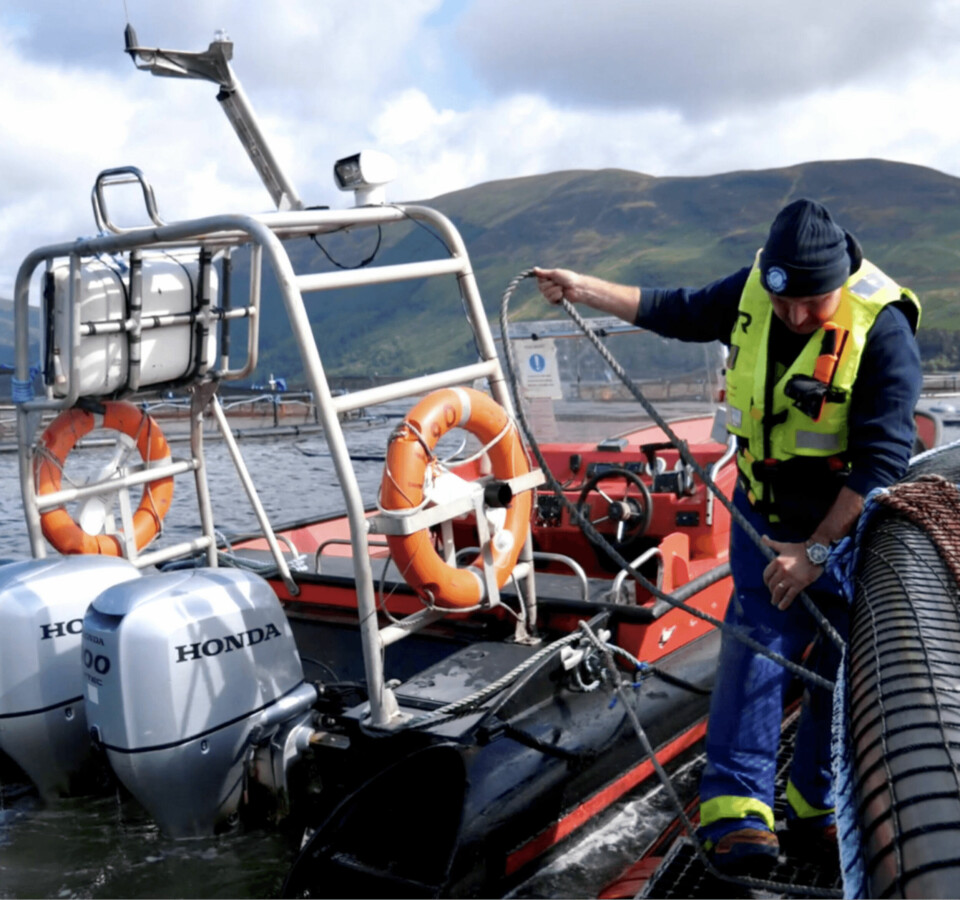 Janis Brivkalns, a marine operative at the Scottish Salmon Company, at work. Brivkalns was named  Aquaculture Learner of the Year, Modern Apprentice of the Year and Overall Winner at last year's Lantra Scotland awards. Photo: SAIC.