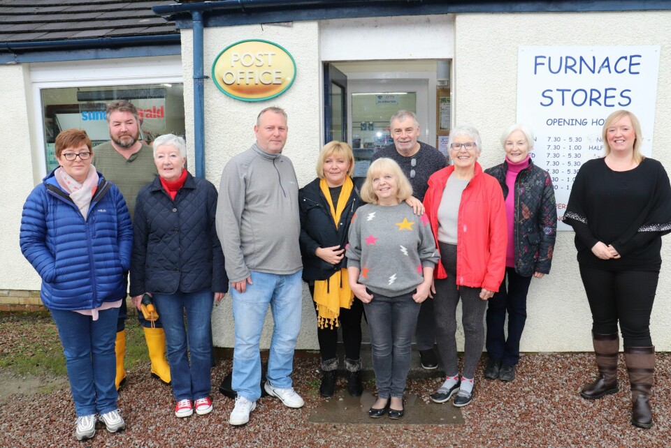 From left: SCIO committee member Sharon MacInnes, Cooke’s Furnace general manager Andy Young, SCIO secretary Gill Telfer, new tenants David and Cindy MacInnes, retiring owners Syb and Mike Masters, longtime Furnace resident Edith MacKellar, SCIO committee member Andy Henderson and Vicci Laird, head of human resources for Cooke Aquaculture Scotland. Photo: Cooke
