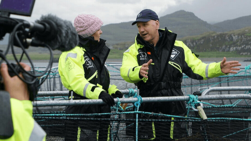 Now-retired Wester Ross director David Robinson talks to presenter Cherry Healey during filming of an episode of the BBC2 series What Britain Buys and Sells in a Day at the company's Ardmair farm in 2019.