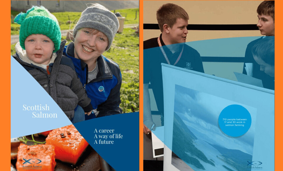 No country for old men: the SSPO report features young workers from its six salmon farming members, including Marine Harvest farm manager Farquhar MacAskill, right. Montage: FFE/SSPO