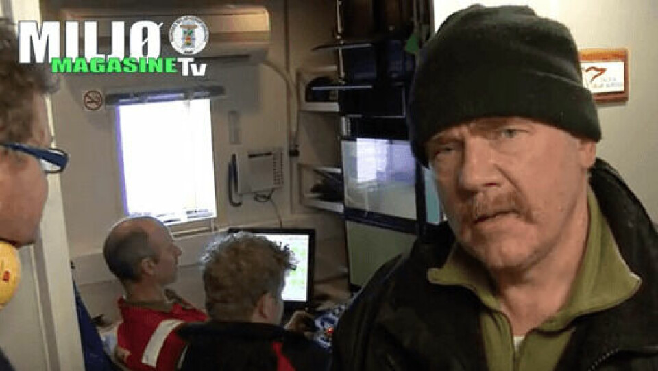 Kurt Oddekalv is interviewed for TV aboard the Norwegian Environmental Protection Organisation's vessel, Miljødronningen, in 2016.