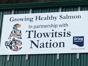 A sign displayed on a Clio Channel salmon farm that shows the partnership between the Tlowitsis Nation and Grieg Seafood. Photo: Grieg Seafood.