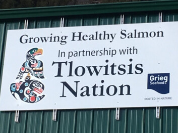 A sign displayed on a Clio Channel salmon farm that shows the partnership between the Tlowitsis Nation and Grieg Seafood. Photo: Grieg Seafood. A sign displayed on a Clio Channel salmon farm that shows the partnership between the Tlowitsis Nation and Grieg Seafood. Photo: Grieg Seafood.