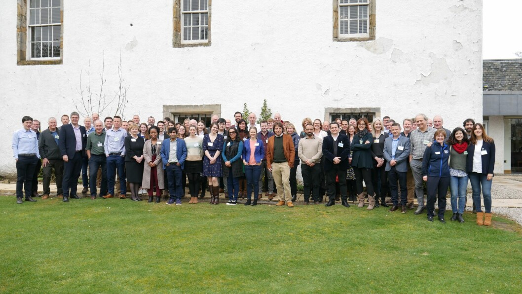 FSV conference delegates were all smiles for a group photo outside the venue, the Macdonald Houstoun House hotel, Uphall, yesterday, but inside they heard serious concerns about AMR, as well as more encouraging news on vaccines and other developments. Photo: FFE.