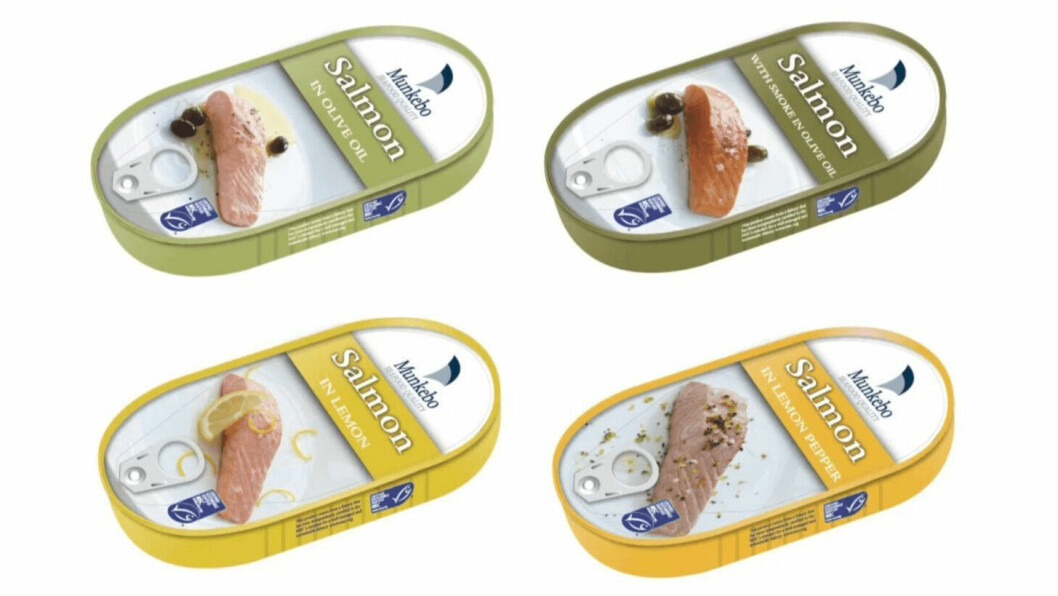 Some of the varieties of tinned salmon offered by Munkebo Seafood AS, which has been bought by Bakkafrost.