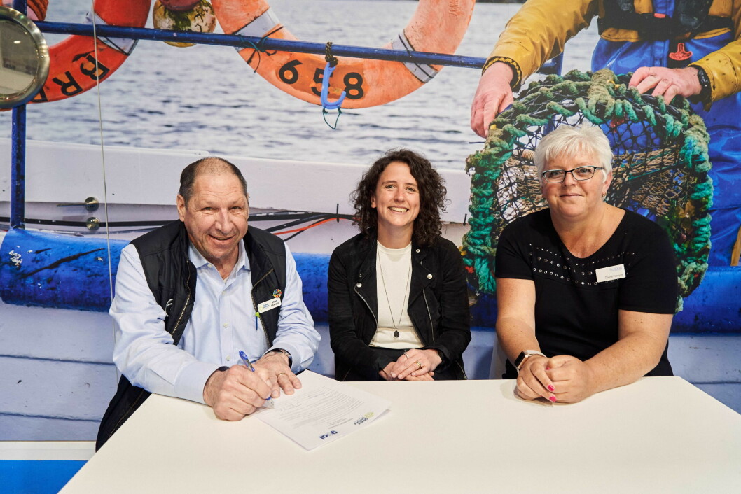 From left: GSA chief operating officer Brian Perkins, Scottish government minister Mairi Gougeon and Seafood Scotland boss Donna Fordyce in Barcelona. Photo: Seafood Scotland.