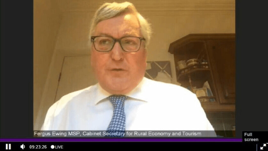 Rural economy secretary Fergus Ewing speaks to members of the REC Committee online during today's meeting, which was broadcast live on Scottish Parliament TV. Rural economy secretary Fergus Ewing speaks to members of the REC Committee online during today's meeting, which was broadcast live on Scottish Parliament TV.