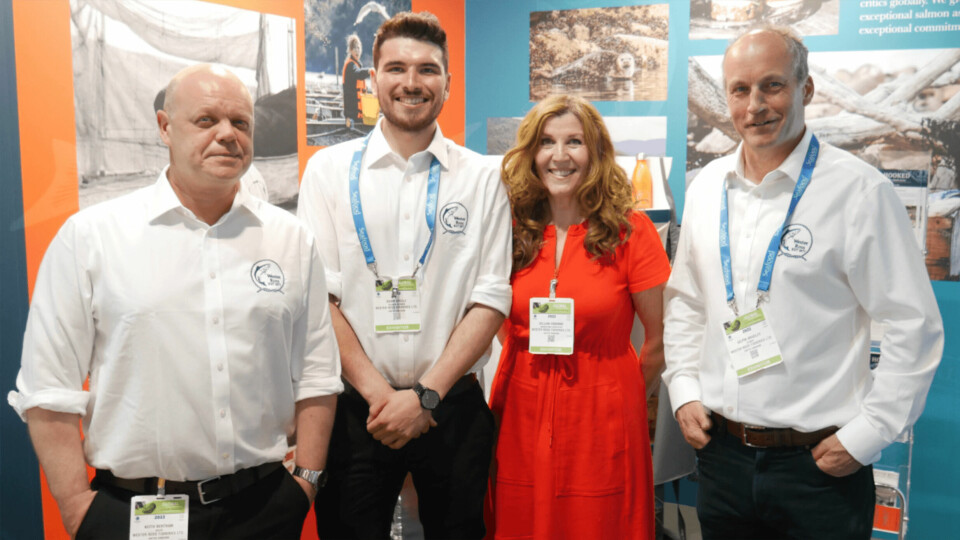 Wester Ross managing director Gilpin Bradley, right, at the Wester Ross stand at Seafood Expo Global in Barcelona earlier this month. Photo: FFE.