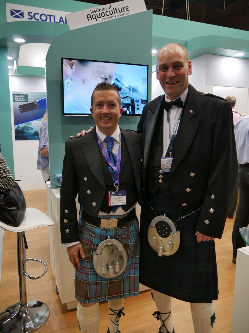 Tartan special: John Taylor and James Dick, of Stirling's Institute of Aquaculture, wore their kilts to welcome visitors. Photo: Fish Farming Expert.