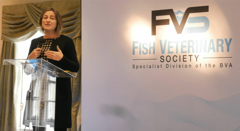 SSPO chief executive Julie Hesketh-Laird lists salmon farming's achievements to the Fish Vet Society conference. Photo: FFE.