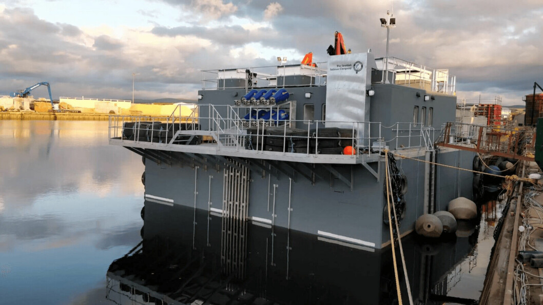 The Scottish Salmon Company's state-of-the-art barge, pictured nearing completion in Inverness. Photo: FFE.