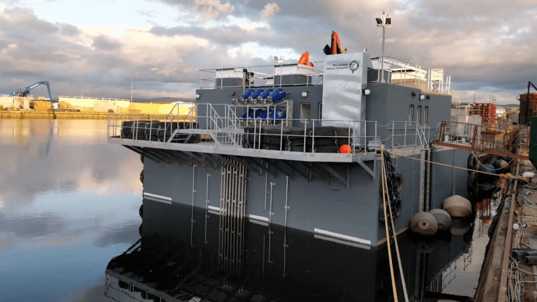 The Scottish Salmon Company's state-of-the-art barge, pictured nearing completion in Inverness. Photo: FFE. The Scottish Salmon Company's state-of-the-art barge, pictured nearing completion in Inverness. Photo: FFE.