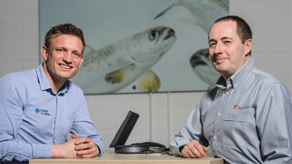 SSF head of fish welfare Ralph Bickerdike, left, and AquaGen Scotland managing director Andy Reeve pictured after AquaGen bought SSF's former freshwater facility at Holywood, near Dumfries in 2019. AquaGen will deliver the first ova from SSF's Scottish fish in early 2022. The broodfish have been selected for gill disease resistance. Photo: AquaGen.