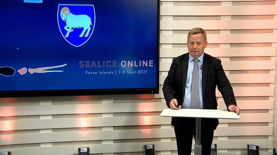 Faroes minister for aquaculture minister Magnus Rasmussen speaks at the beginning of Sea Lice Online 2021. Image taken from video.