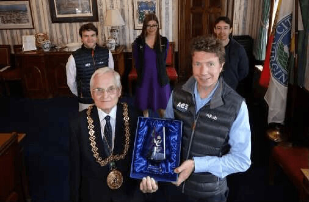 Ace Aquatec managing director Nathan Pyne-Carter receives last year's award in the presence of Dundee Lord Provost Ian Borthwick and, back from left, Ace Aquatec team members Andrew Gillespie, Michelle Wildboer and Mike Forbes. Photo: Ace Aquatec. Ace Aquatec managing director Nathan Pyne-Carter receives last year's award in the presence of Dundee Lord Provost Ian Borthwick and, back from left, Ace Aquatec team members Andrew Gillespie, Michelle Wildboer and Mike Forbes. Photo: Ace Aquatec.