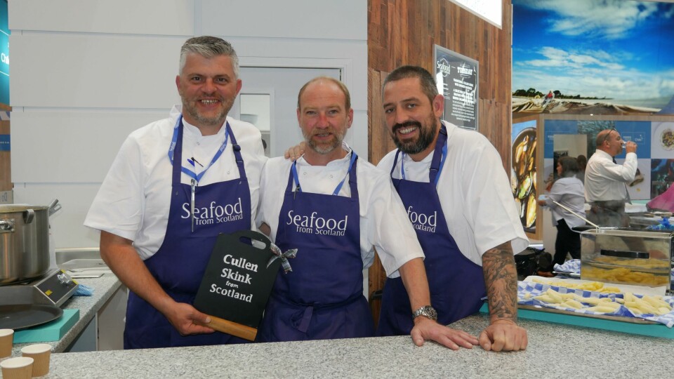 Chefs Olivier, John and David at the Seafood From Scotland seafood bar. Click on image to enlarge. Photo: FFE.