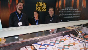 The team from Aberdeen salmon smoker John Ross at their stand in the Scottish Pavilion. Click on image to enlarge. Photo: FFE. The team from Aberdeen salmon smoker John Ross at their stand in the Scottish Pavilion. Click on image to enlarge. Photo: FFE.