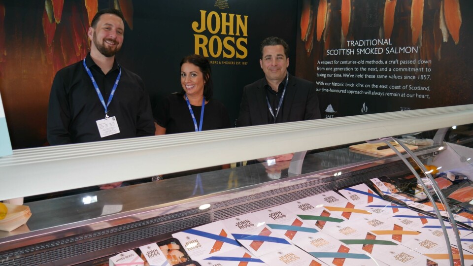 The team from Aberdeen salmon smoker John Ross at their stand in the Scottish Pavilion. Click on image to enlarge. Photo: FFE.