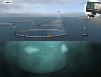 SINTEF envisages a future of unmanned, exposed fish farms. Operations could be carried out autonomously using ROVs, unmanned surface vessels and drones controlled from shore. Click om image to enlarge. Illustration: SINTEF Ocean AS.