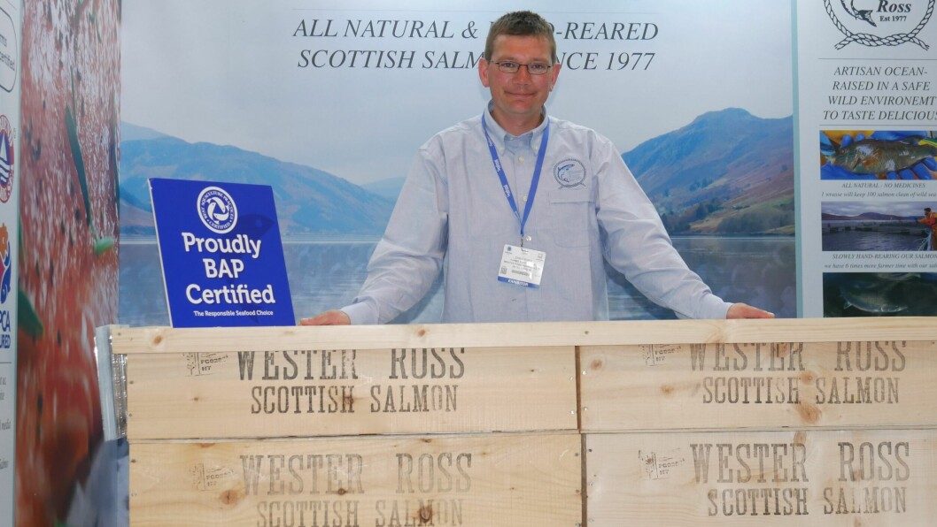 The one that got away (from his farm): Chris Ford, farm supervisor at Wester Ross Salmon's Corry site at Ullapool, is one of the few farm workers at an event targeted at sellers and buyers. Photo: FFE.