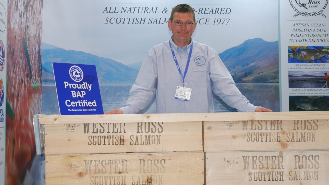 The one that got away (from his farm): Chris Ford, farm supervisor at Wester Ross Salmon's Corry site at Ullapool, is one of the few farm workers at an event targeted at sellers and buyers. Photo: FFE. The one that got away (from his farm): Chris Ford, farm supervisor at Wester Ross Salmon's Corry site at Ullapool, is one of the few farm workers at an event targeted at sellers and buyers. Photo: FFE.