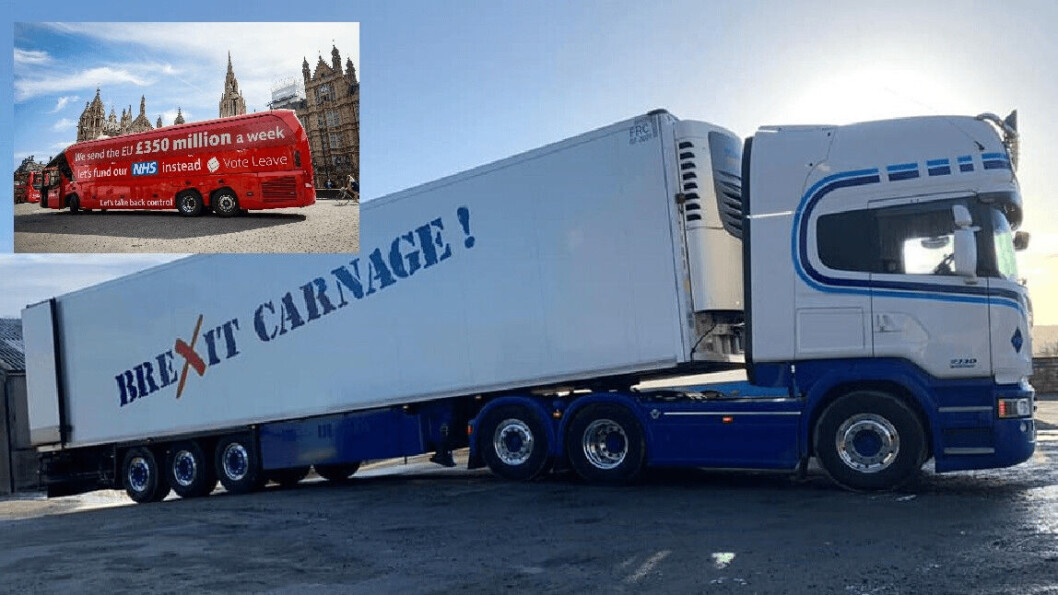 One of the lorries taking part in the protest today, and, inset, the bus used by the pro-Brexit campaign in 2016. Photo: Twitter. One of the lorries taking part in the protest today, and, inset, the bus used by the pro-Brexit campaign in 2016. Photo: Twitter.