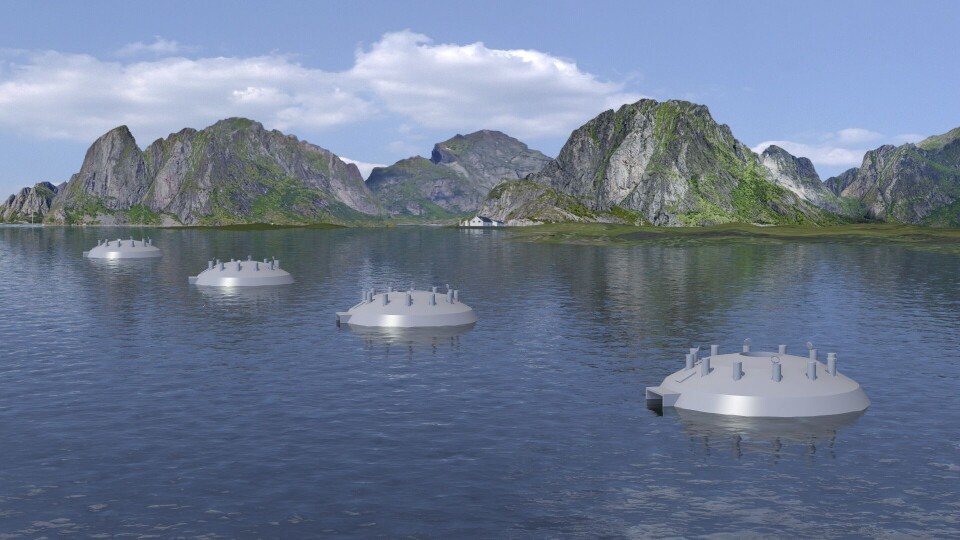 How a fjord may look in a couple of years. Four floating V6 globes may replace 8–12 of Norway's large open cages. Illustration: FishGLOBE.