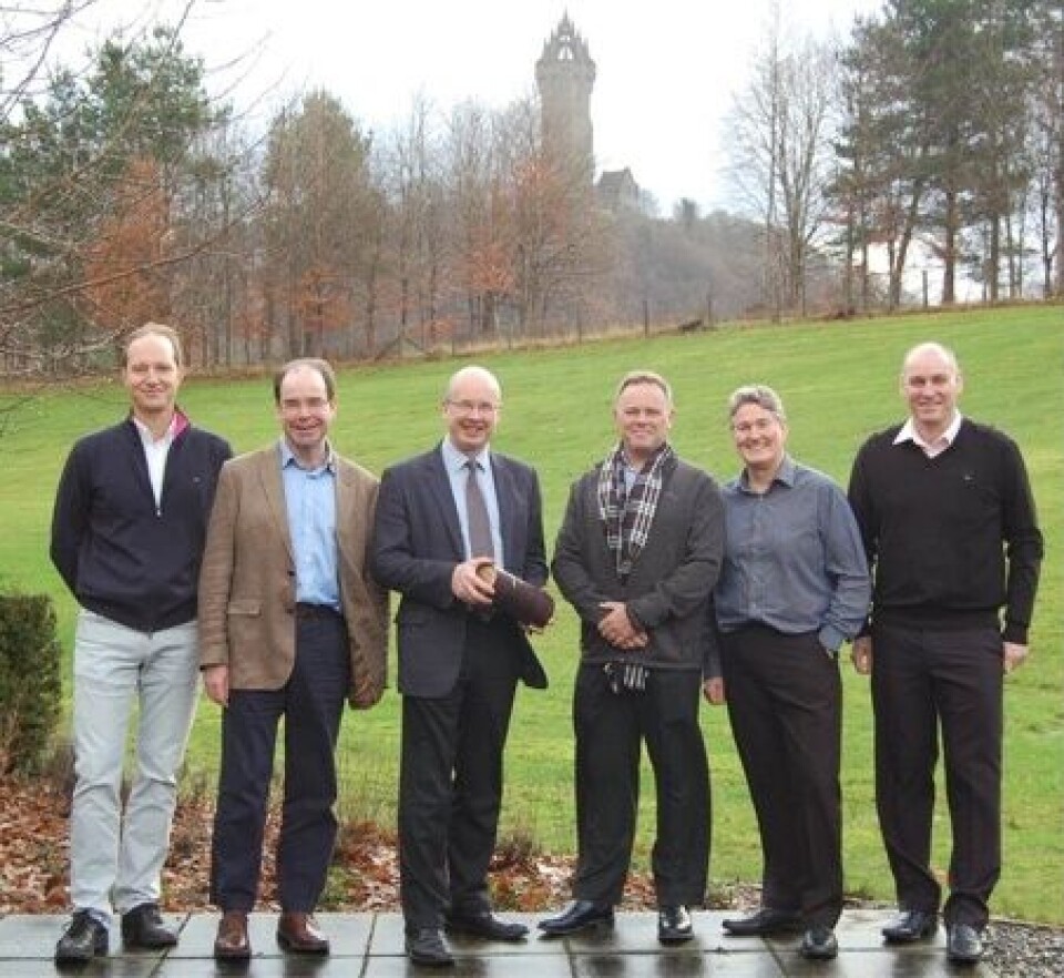 Brett’s arrival on Burns night and his Scottish heritage was marked by presenting him with a bottle of something the Bard would appreciate. l. to r. Prof. Herve Migaud (Director of Research, IoA), Prof. Ian Simpson (Head of the School of Natural Sciences), Prof. Malcolm McLeod (Deputy Principal and acting Director of IoA), Prof. Brett Glencross (Professor of Nutrition, IoA), Prof. Douglas Tocher (Professor of Molecular Nutrition, IoA) and James Dick (Technical Manager, Nutrition Analytical Service, IoA)