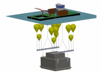 Illustration showing the salvage barge, parachute lifting bags and lifting points for the barge, which was 43 metres deep and partially buried, by several metres, in the seabed. Illustration showing the salvage barge, parachute lifting bags and lifting points for the barge, which was 43 metres deep and partially buried, by several metres, in the seabed.
