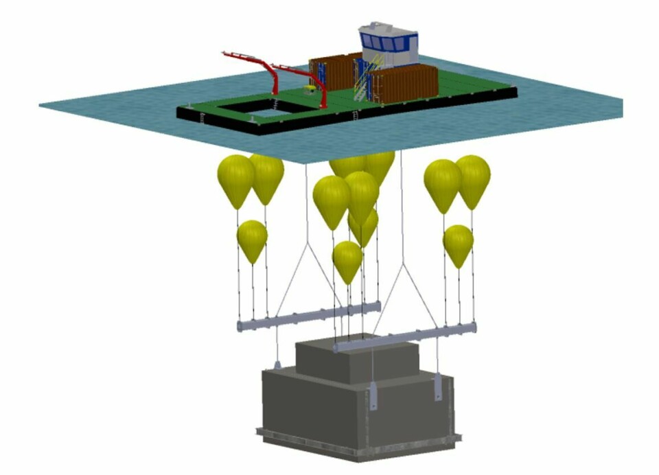 Illustration showing the salvage barge, parachute lifting bags and lifting points for the barge, which was 43 metres deep and partially buried, by several metres, in the seabed.
