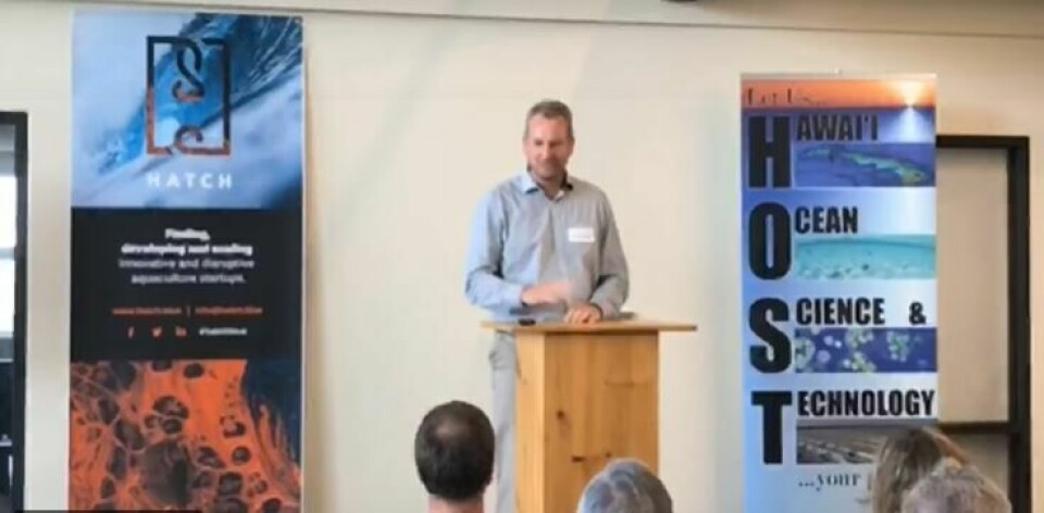 Former AKVA Scotland boss Jason Cleaversmith introduces GenetiRate in Hawaii yesterday. Video image: Hatch.
