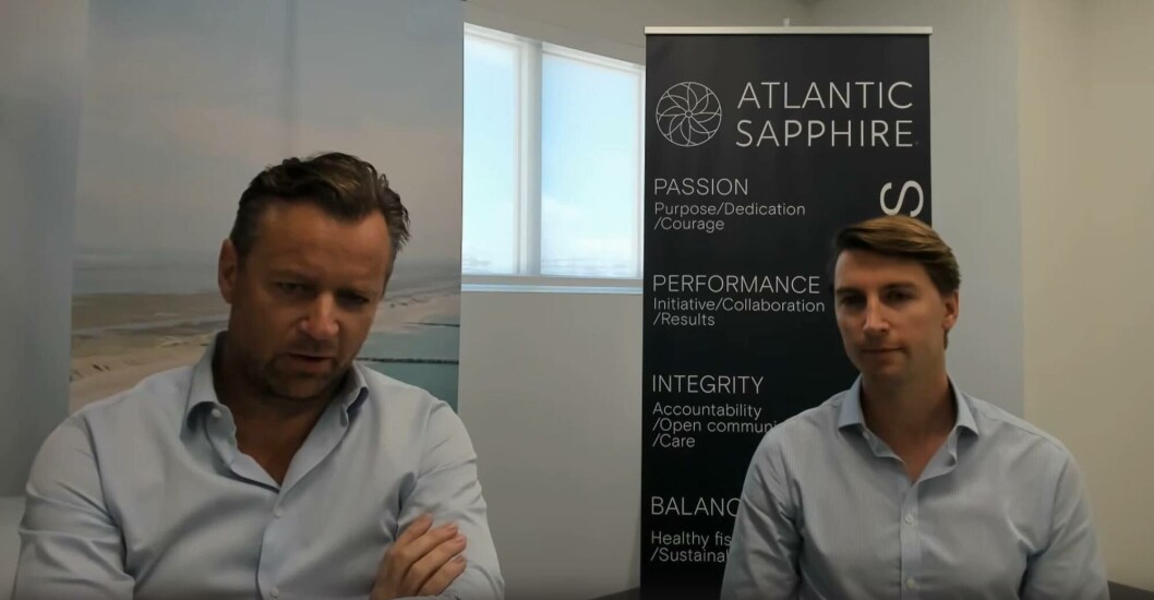 Atlantic Sapphire chief executive Johan Andreassen, left, and chief financing officer Karl Øyehaug. Image taken from Atlantic Sapphire webcast. Atlantic Sapphire chief executive Johan Andreassen, left, and chief financing officer Karl Øyehaug. Image taken from Atlantic Sapphire webcast.