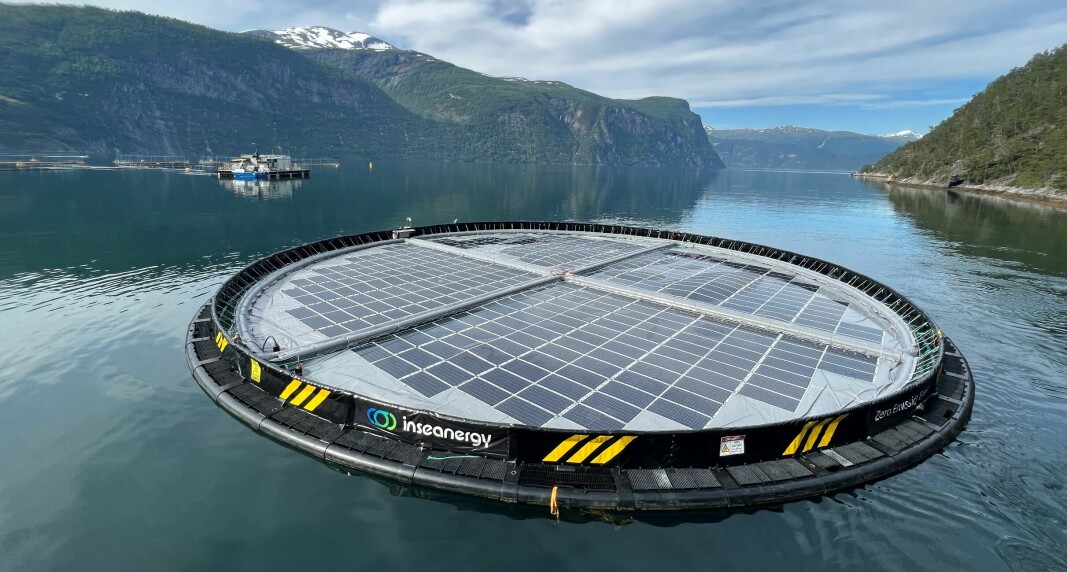 Inseanergy's floating solar power plant installed at Hofseth Aqua's fish farm in Storfjorden, Norway.