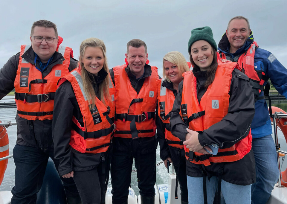 A visit by staff from SSF customer Marks & Spencer to the company's Scallastle farm in the Sound of Mull, hosted by SSF head of technical Andy Gourlay, left, managing director Jim Gallagher, centre, and mainland regional manager Innes Weir.