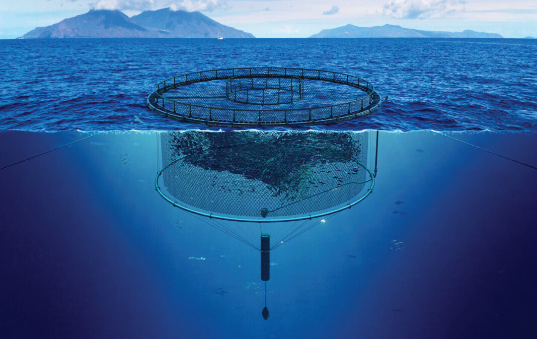 Innovasea's SeaProtean pen is similar to a standard net pen but gives fish farmers the option to sink the cage beneath the waves to avoid storms or hazards such as algal blooms. Innovasea's SeaProtean pen is similar to a standard net pen but gives fish farmers the option to sink the cage beneath the waves to avoid storms or hazards such as algal blooms.