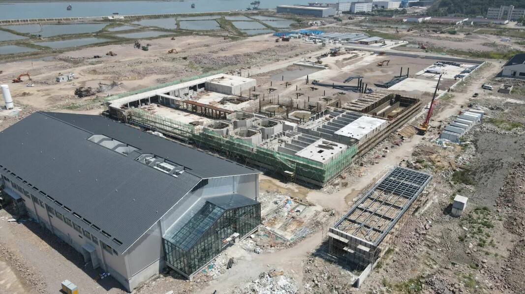 The Nordic Aqua (Ningbo) facility in Gaotang, China is under construction. Here is what it looked like on September 6, with the hatchery building, left, almost complete.