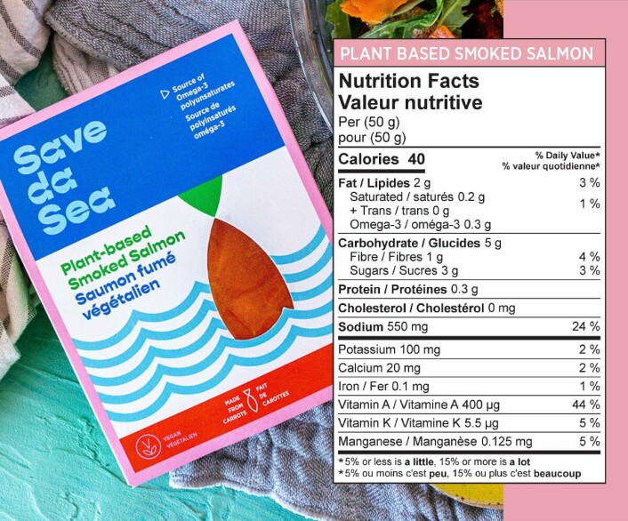 Less than 1% of a 50g serving of Save da Sea's salmon alternative is protein but it provides 44% of a person's daily requirement of Vitamin A. Less than 1% of a 50g serving of Save da Sea's salmon alternative is protein but it provides 44% of a person's daily requirement of Vitamin A.