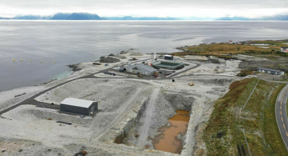 The Kvalnes site in September last year. The pilot pool can be seen in the centre of the photo, and the hole where the next pools will go is in the foreground. Andfjord Salmon's flow-through pools are below sea level, which reduces the amount of energy required to pump sea water from deep below the surface.
