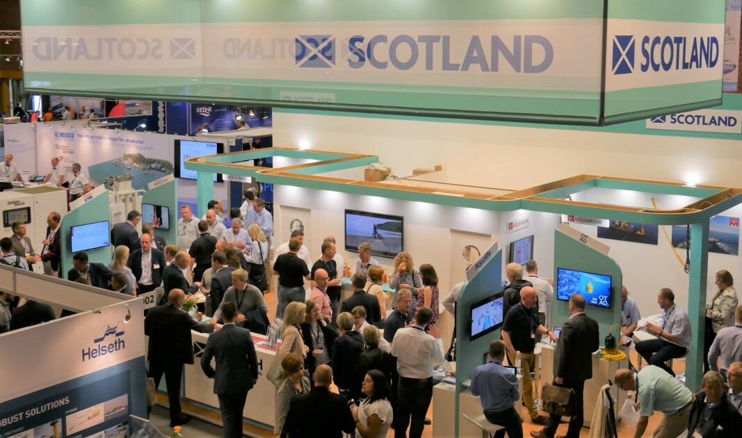 A busy Scotland pavilion during Aqua Nor in 2017. The trade show is an important market place for aquaculture suppliers. A busy Scotland pavilion during Aqua Nor in 2017. The trade show is an important market place for aquaculture suppliers.