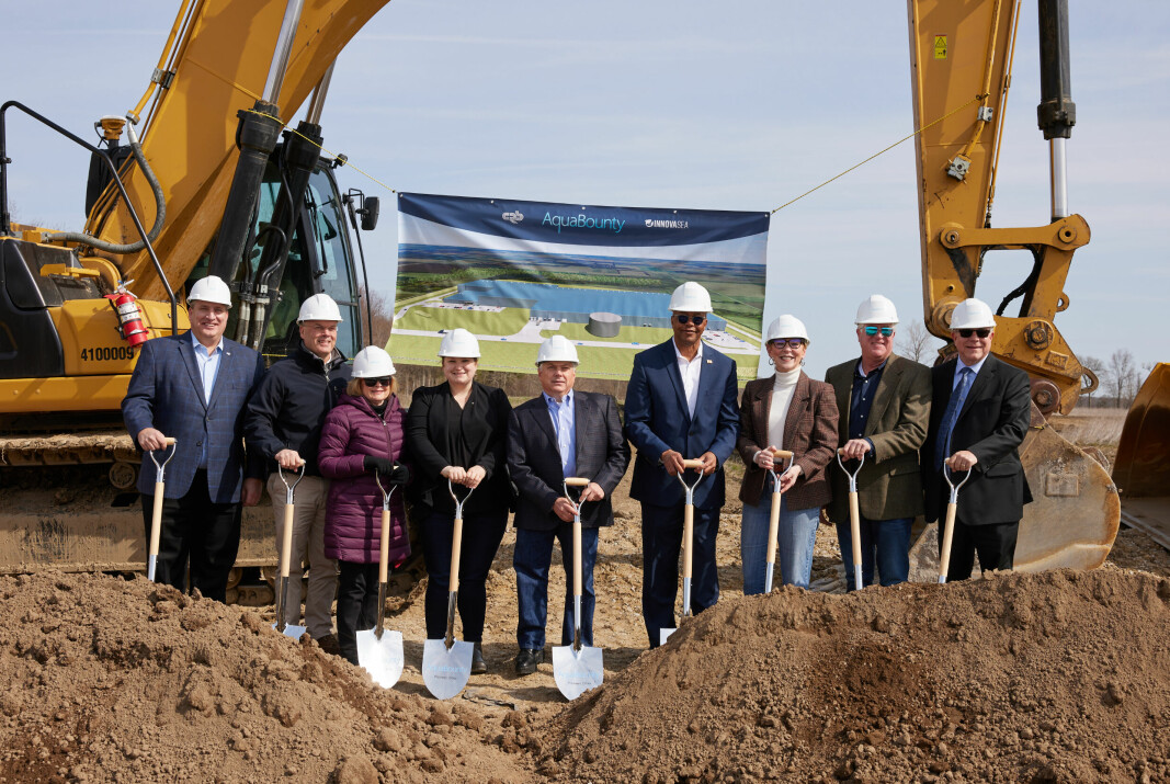 Sylvia Wulf, third from right, at the official ground-breaking ceremony for AquaBounty's new farm in Pioneer, Ohio, earlier this year. Cost inflation and interest rate rises have pushed the price up.
