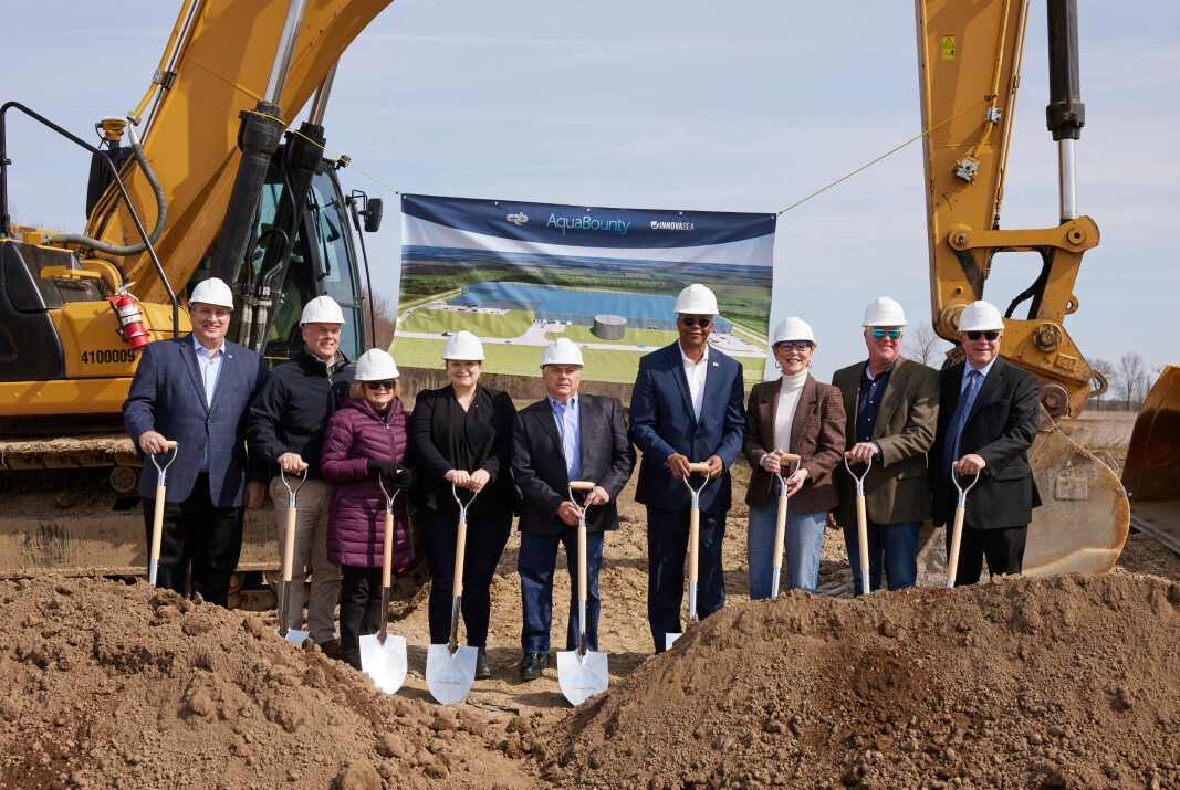 Sylvia Wulf, third from right, at the official ground-breaking ceremony for AquaBounty's new farm in Pioneer, Ohio, earlier this year. Cost inflation and interest rate rises have pushed the price up. Sylvia Wulf, third from right, at the official ground-breaking ceremony for AquaBounty's new farm in Pioneer, Ohio, earlier this year. Cost inflation and interest rate rises have pushed the price up.