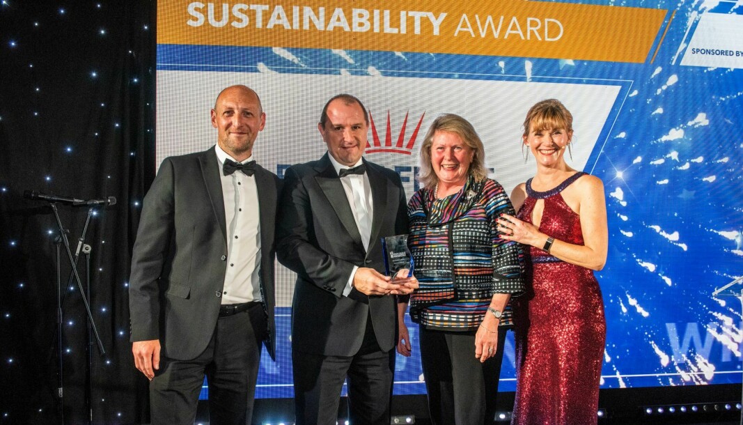 From left: John Davidson of Scotland Food & Drink; Bakkafrost Scotland MD Ian Laister; Bakkafrost Scotland new business development director Su Cox; and host Nicky Marr at the Highlands and Islands Food and Drink Awards in Inverness.