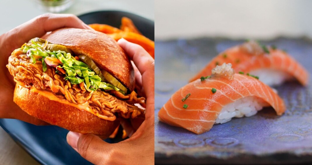 Chicken grown from cells by Upside Foods, left, and salmon produced the same way by Wildtype. Chicken grown from cells by Upside Foods, left, and salmon produced the same way by Wildtype.